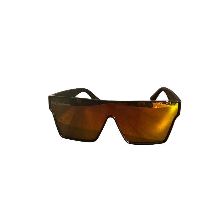 A pair of shield-style sunglasses with a black frame and reflective amber-orange lenses