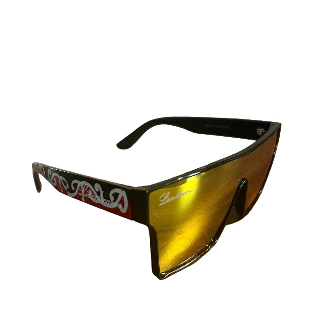 A pair of wraparound shield-style sunglasses with a black frame and reflective yellow lenses