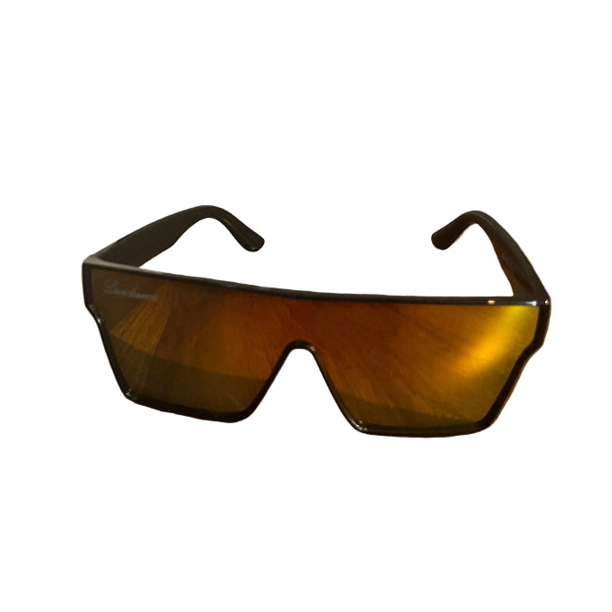 A pair of shield-style sunglasses with a black frame and reflective amber-orange lenses
