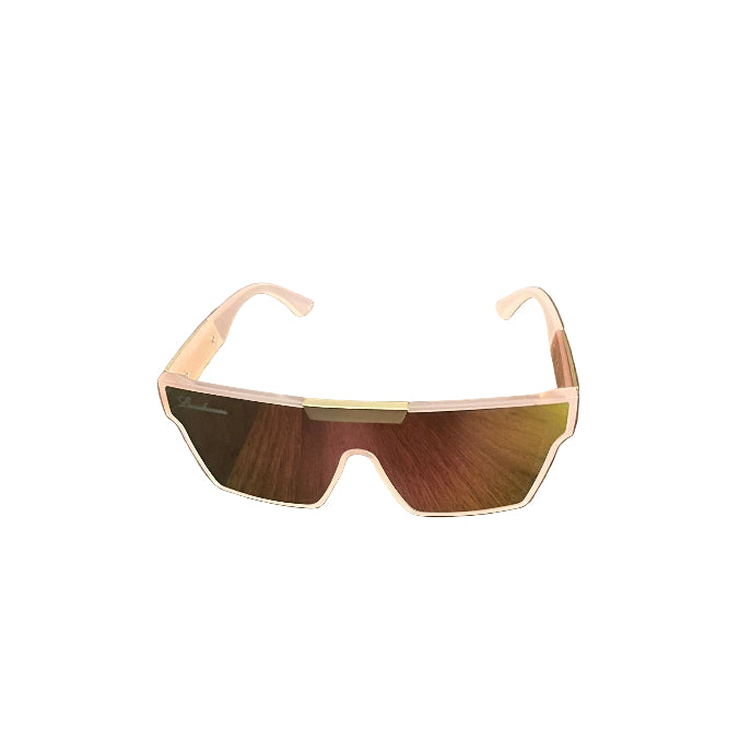 A pair of shield-style sunglasses with a translucent light pink frame and mirrored lenses, resting on a dark wood tabletop.