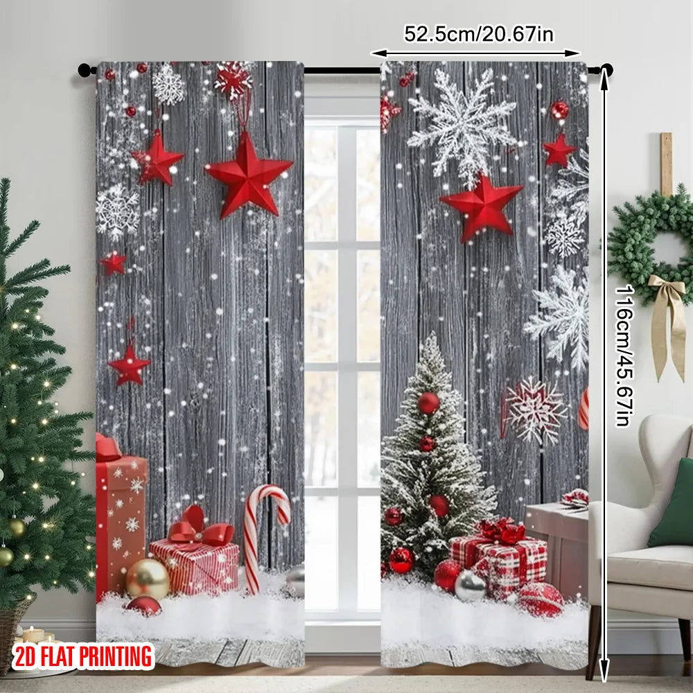 2pcs 2D flat printing Merry Christmas Popular Curtain Winter Holiday Snowflakes Durable Polyester Without Electricity Family