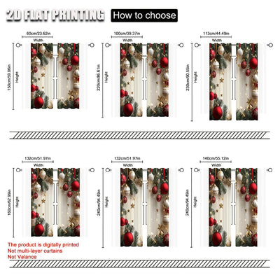 2Pcs Festive Golden And Red Ball Pine Leaves Design Christmas Window Curtains Polyester Rod Pocket Design For Living Room