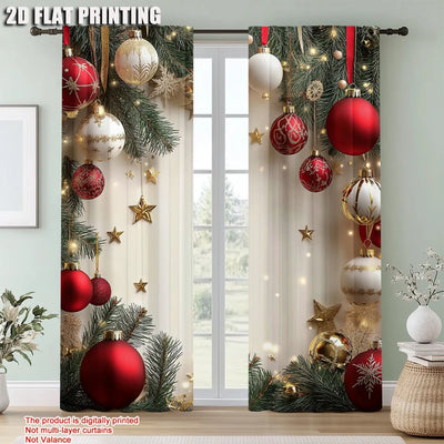 2Pcs Festive Golden And Red Ball Pine Leaves Design Christmas Window Curtains Polyester Rod Pocket Design For Living Room