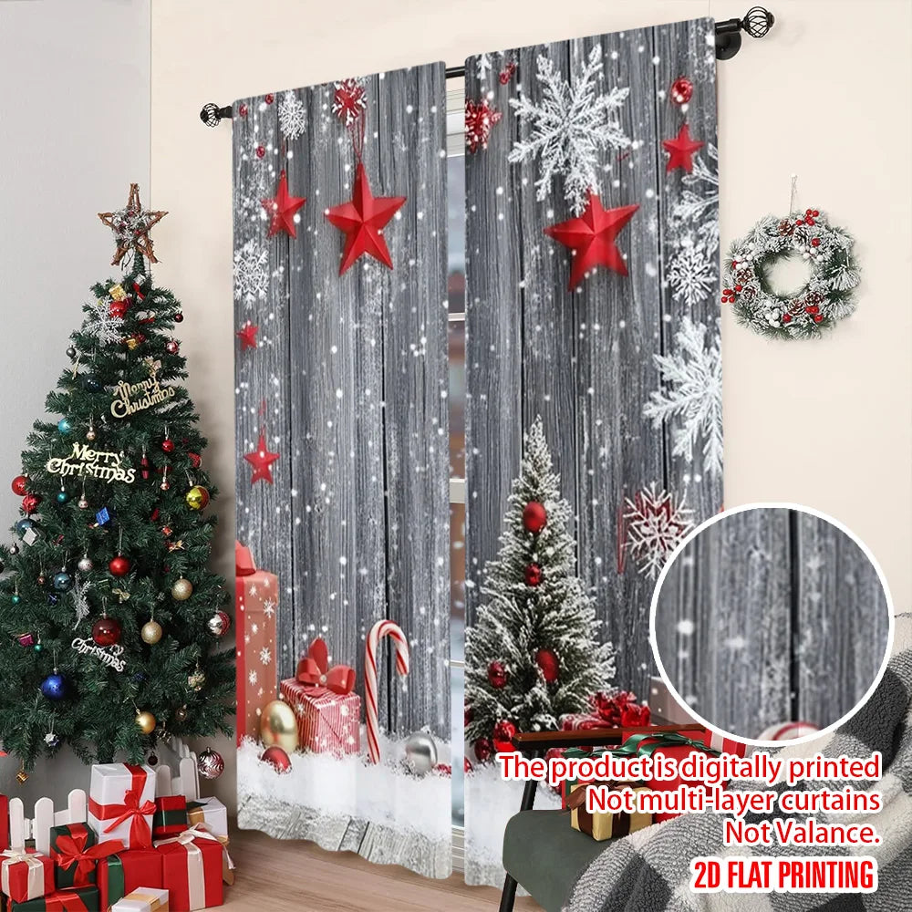 2pcs 2D flat printing Merry Christmas Popular Curtain Winter Holiday Snowflakes Durable Polyester Without Electricity Family