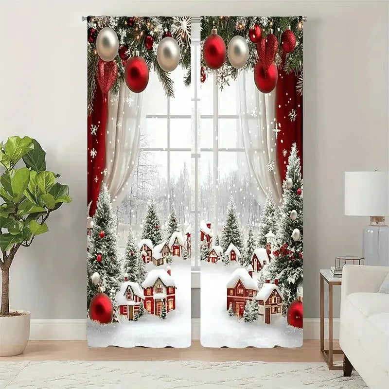 2pcs - Christmas snow scene forest scene printed curtains, pole bag curtains, home decoration, room decoration