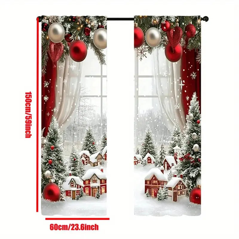 2pcs - Christmas snow scene forest scene printed curtains, pole bag curtains, home decoration, room decoration