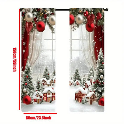 2pcs - Christmas snow scene forest scene printed curtains, pole bag curtains, home decoration, room decoration