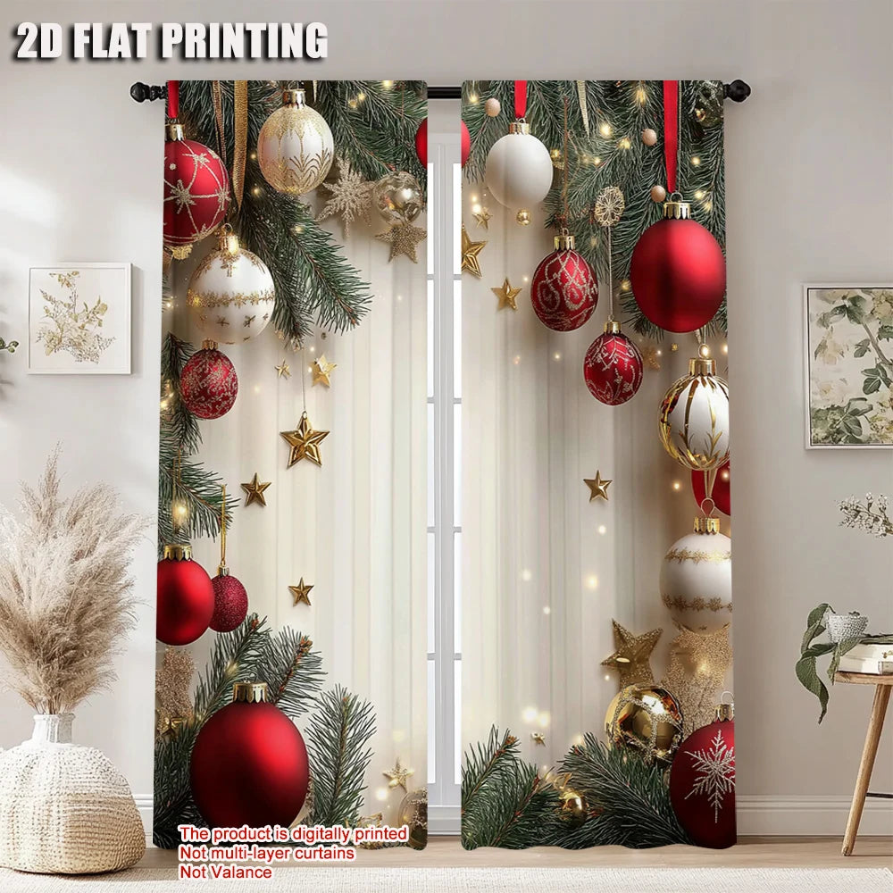 2Pcs Festive Golden And Red Ball Pine Leaves Design Christmas Window Curtains Polyester Rod Pocket Design For Living Room