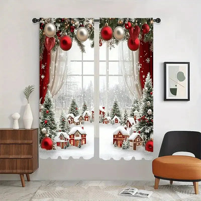 2pcs - Christmas snow scene forest scene printed curtains, pole bag curtains, home decoration, room decoration