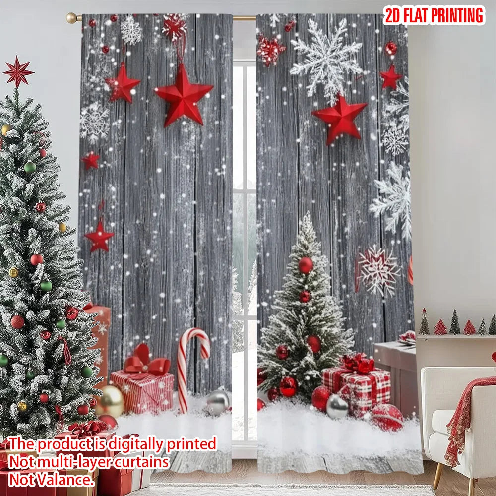 2pcs 2D flat printing Merry Christmas Popular Curtain Winter Holiday Snowflakes Durable Polyester Without Electricity Family