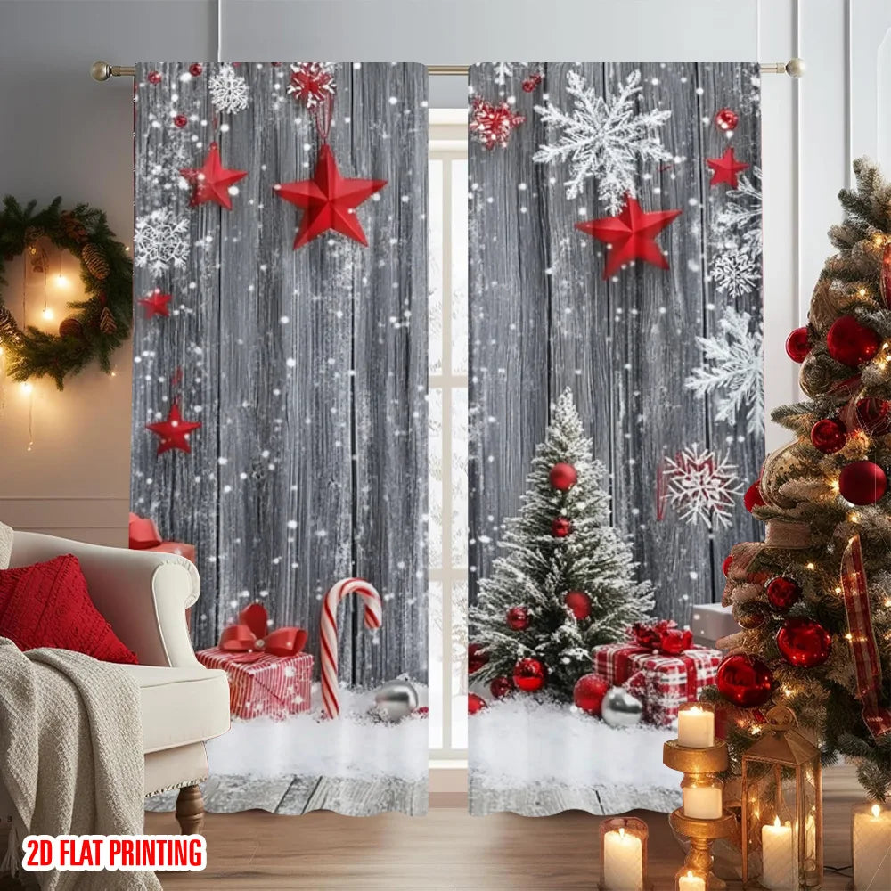 2pcs 2D flat printing Merry Christmas Popular Curtain Winter Holiday Snowflakes Durable Polyester Without Electricity Family