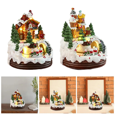 Christmas House Music Box Toy with Rotating Train Xmas Gifts Tabletop Ornament for Bedroom Holiday New Year Bookshelf Indoor